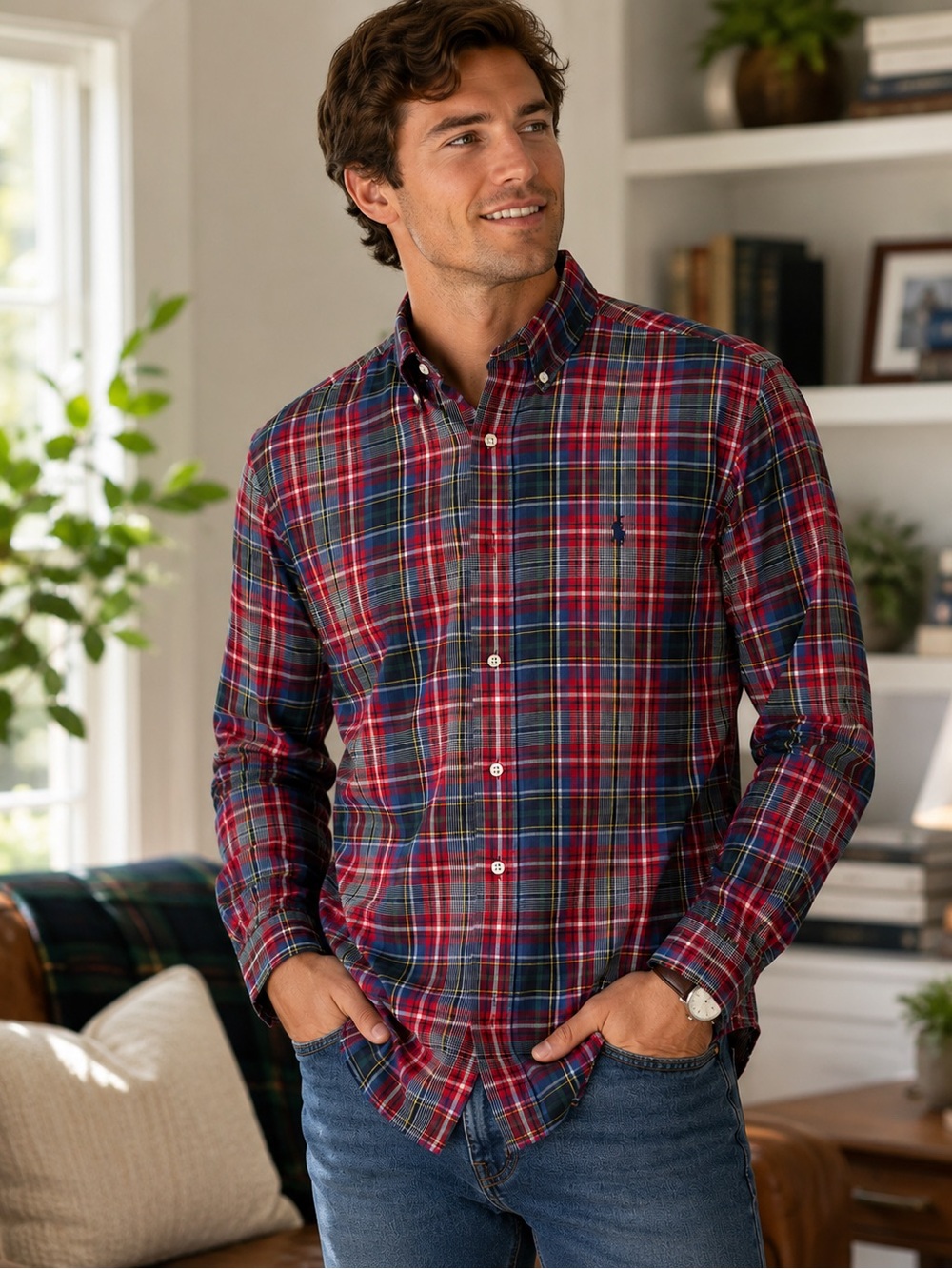 Ralph Lauren Classic Fit Plaid Button-Down Shirt Men’s Large Red/Navy Cotton